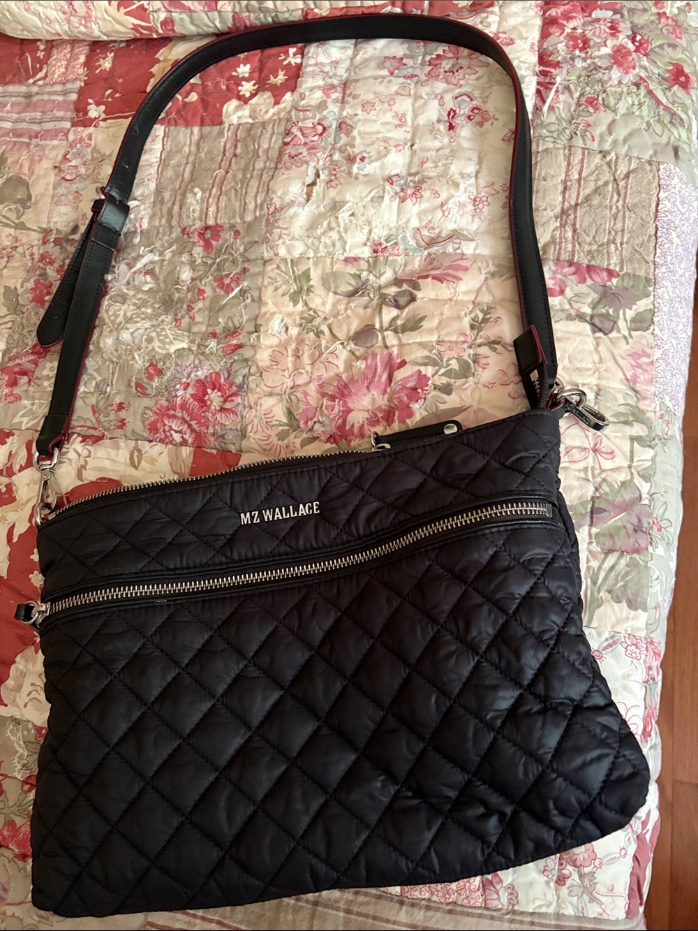 MZ Wallace Black Quilted Nylon Crossbody with Silver Hardware